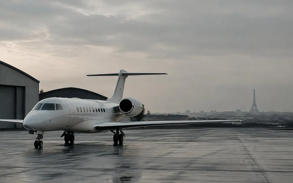 Business jet on a Paris apron with the Eiffel Tower in the distance