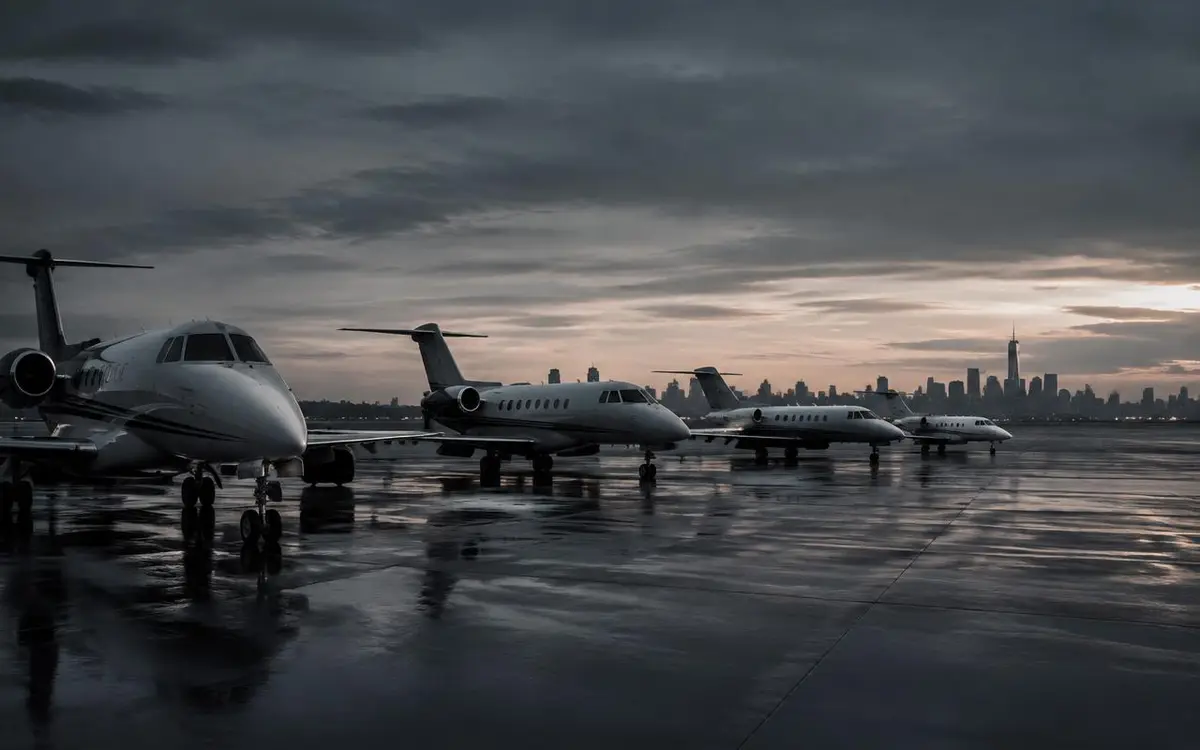 Business jets on an apron with the Manhattan skyline beyond