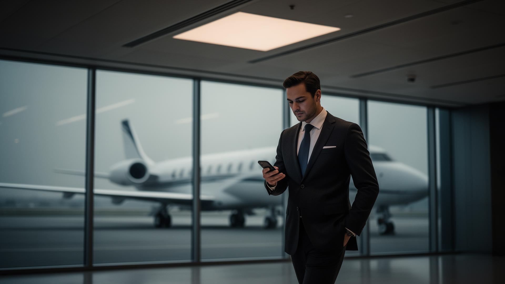 Private jet broker managing a charter booking on laptop and phone