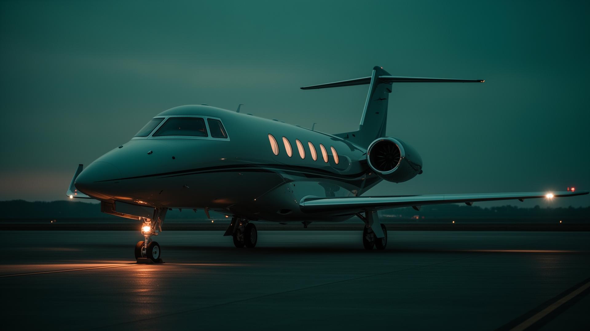 Luxury private jet on the tarmac at dusk