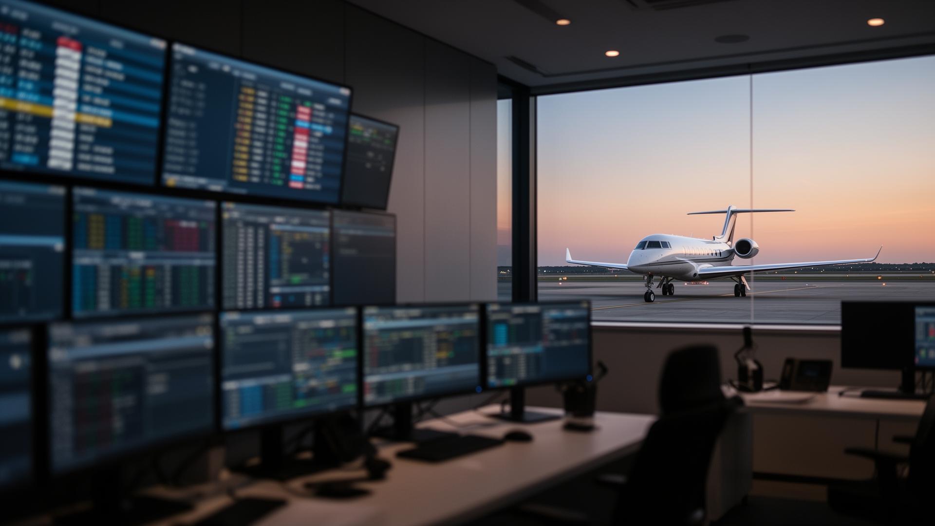 Aircraft operator reviewing fleet analytics beside a private jet apron