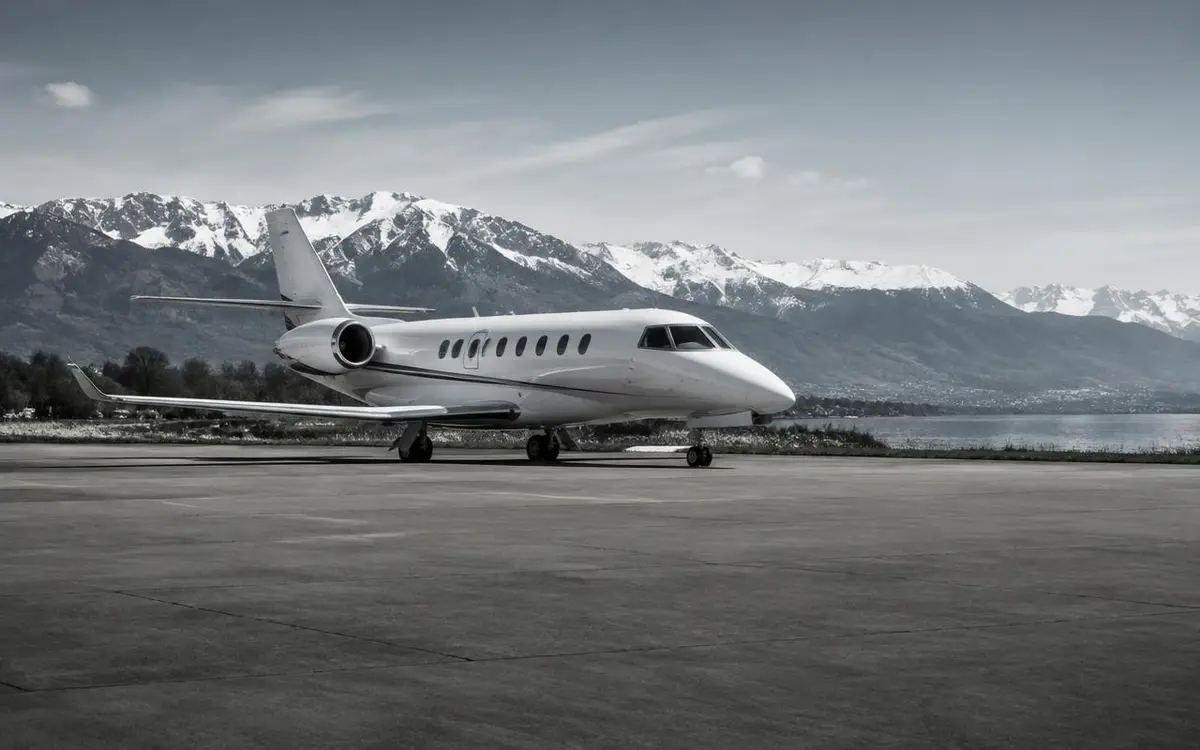 Private aviation scene with the Swiss Alps near Geneva
