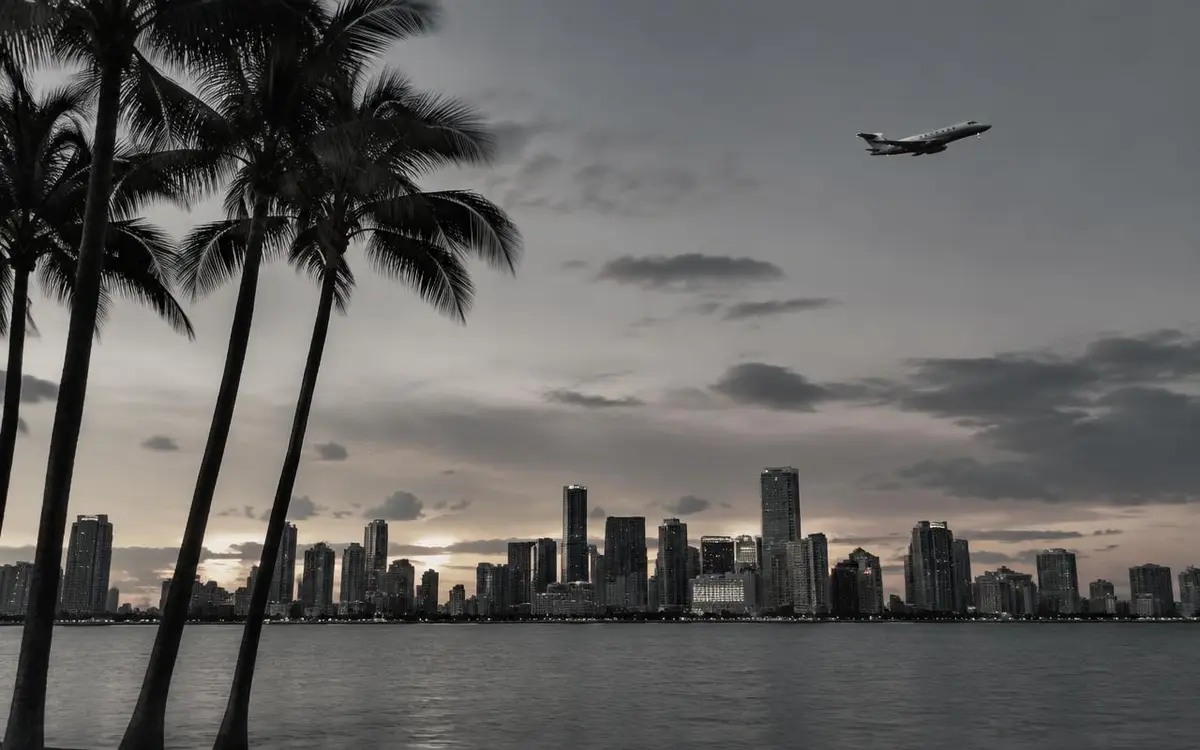 Miami skyline across Biscayne Bay at dusk